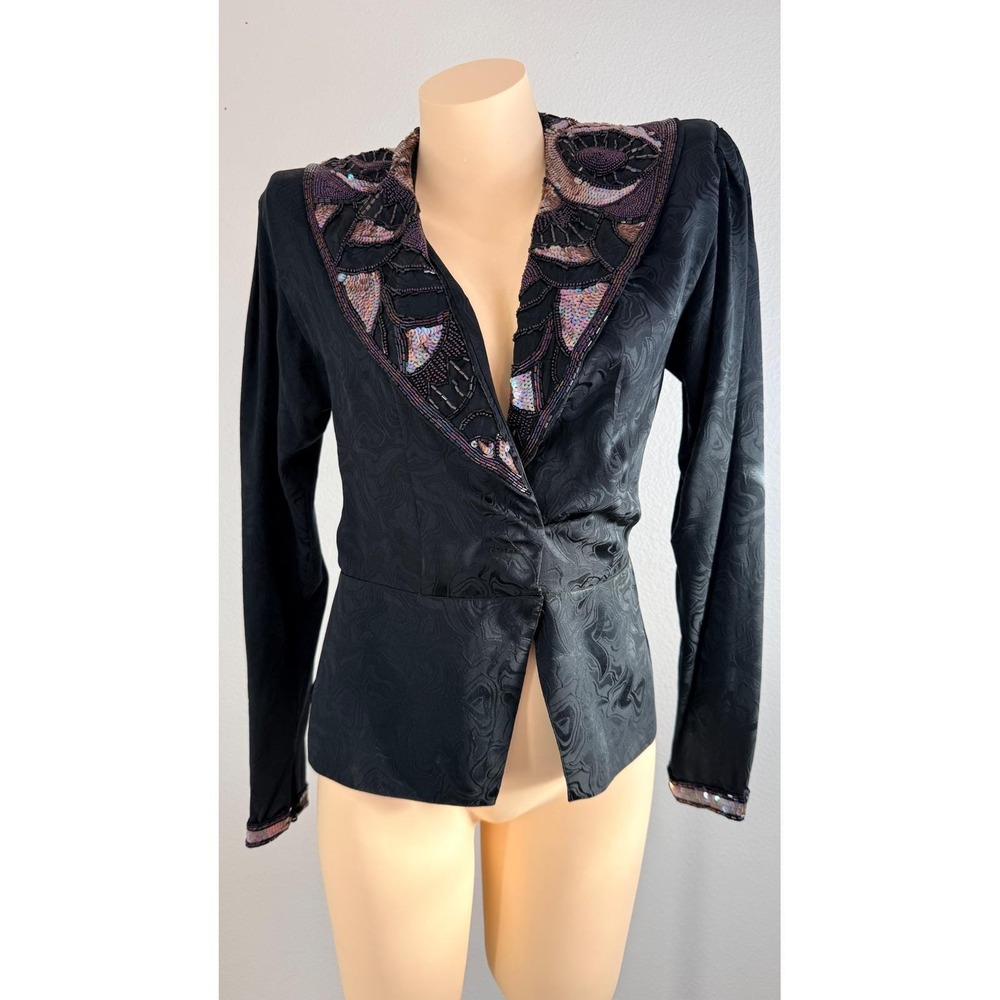 Vintage Silk Beaded Sequin Jacquard Evening Blazer Black Long Sleeve Jacket